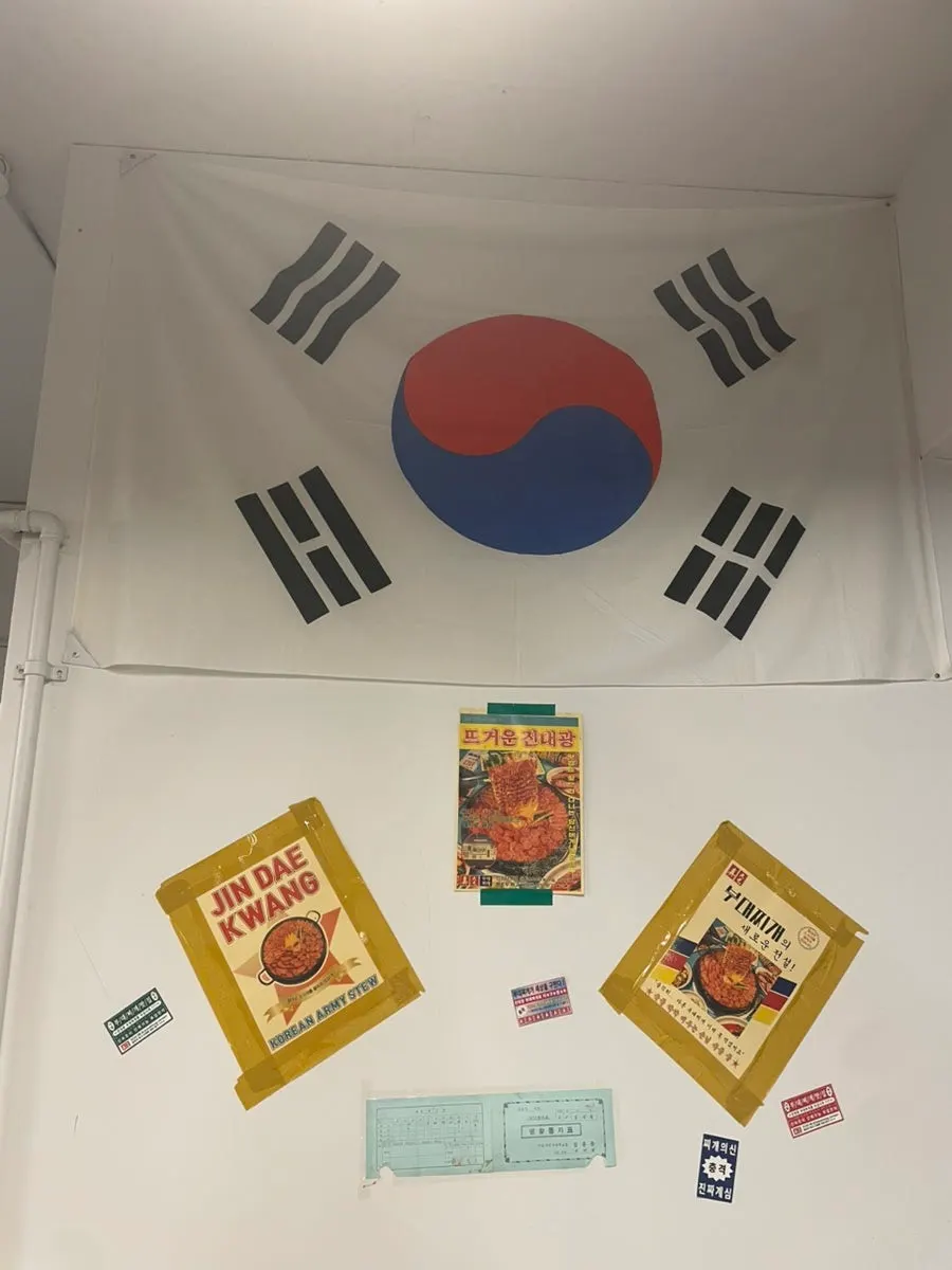Old photo frames and retro props hanging on the wall