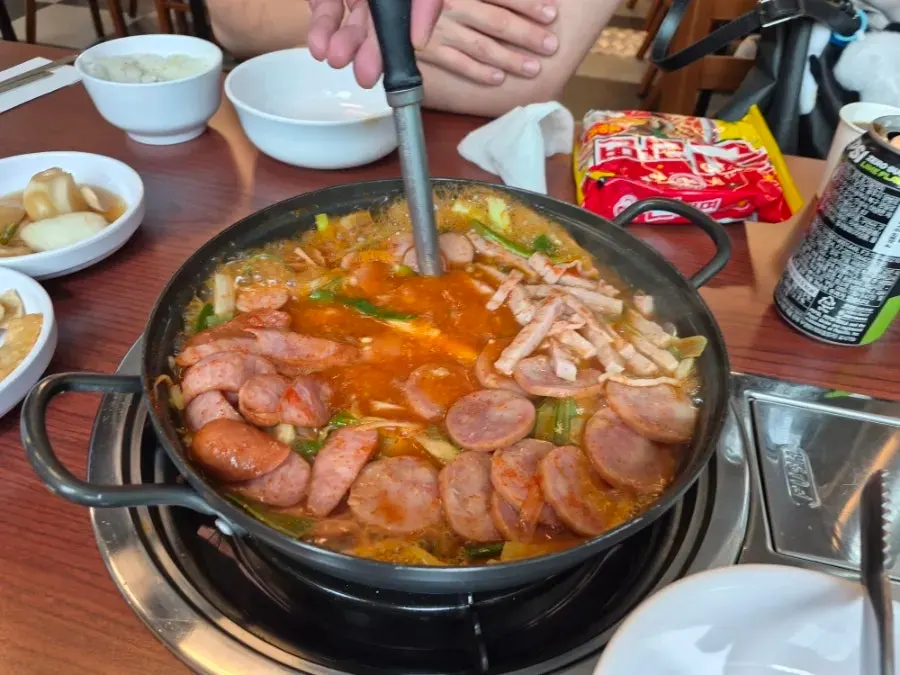 Close-up of the budae jjigae once the broth has thickened