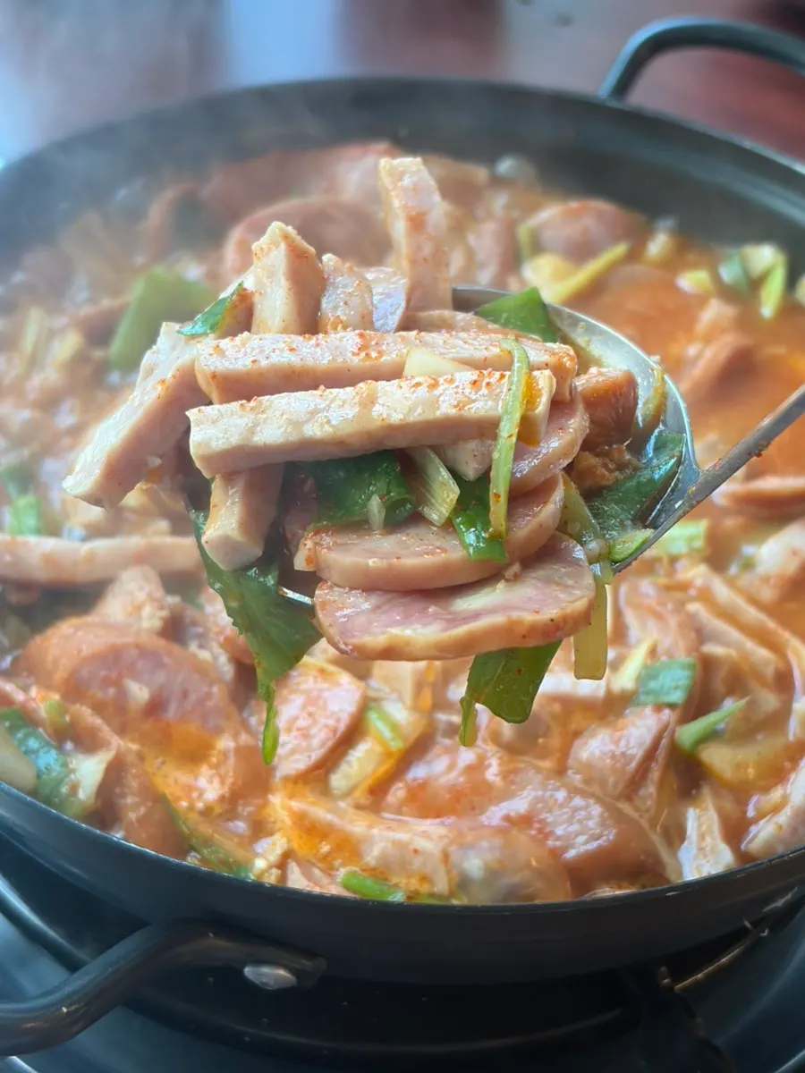 A finished, generous pot of budae jjigae