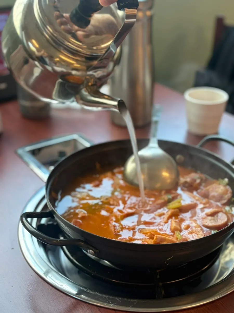 Budae jjigae with three types of ham and sausage