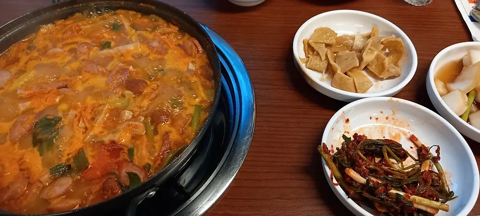 Budae jjigae served with unlimited-refill rice