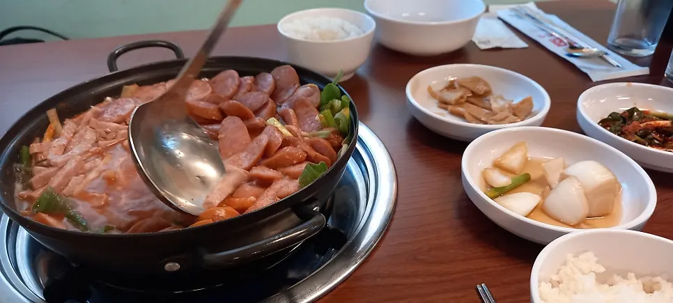 Fish cake and pickled side dishes from the self-serve bar