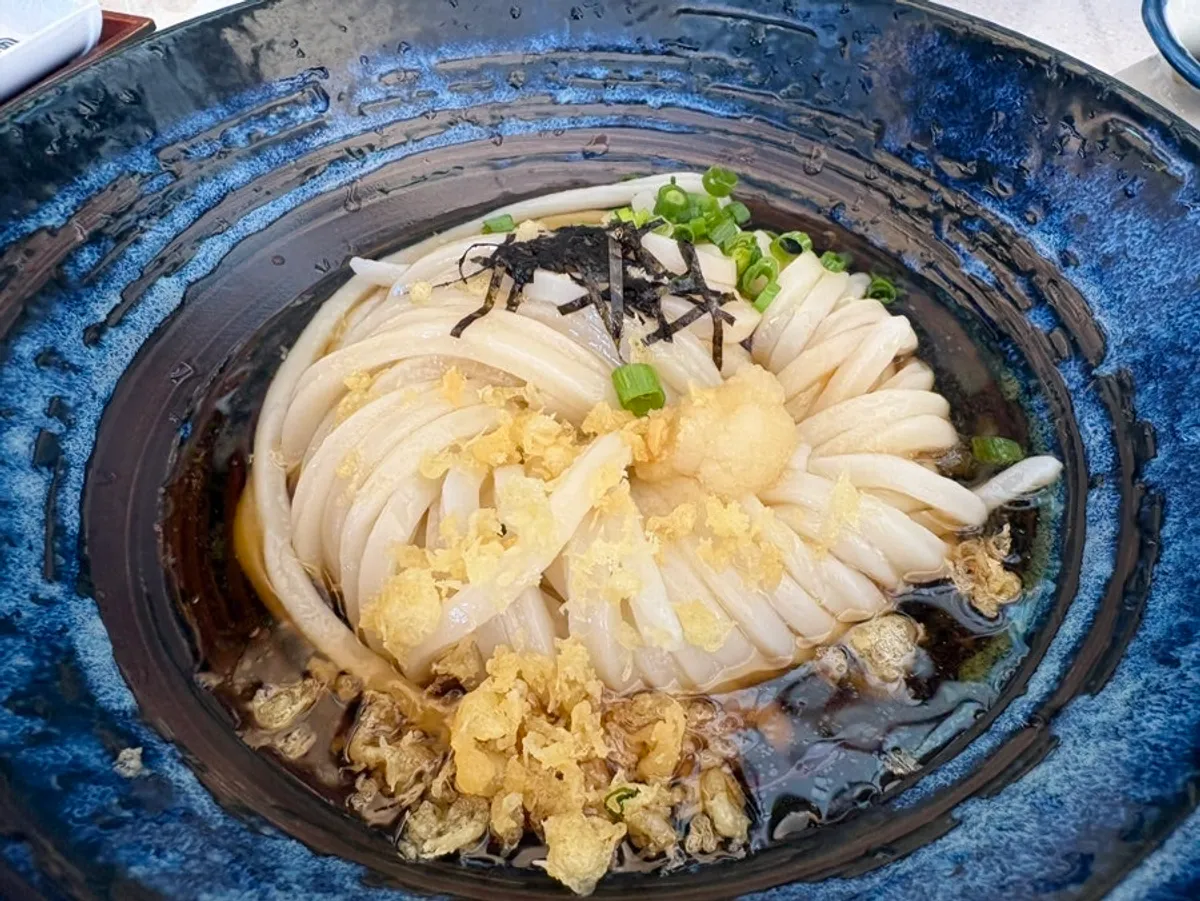Bukkake udon with the sauce and toppings added in
