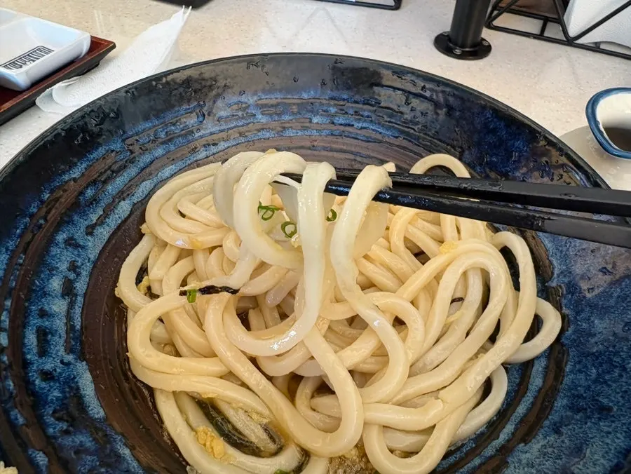 Chewy udon noodles lifted up with chopsticks
