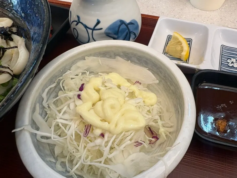 A close-up of the bukkake udon mixed with seasoning