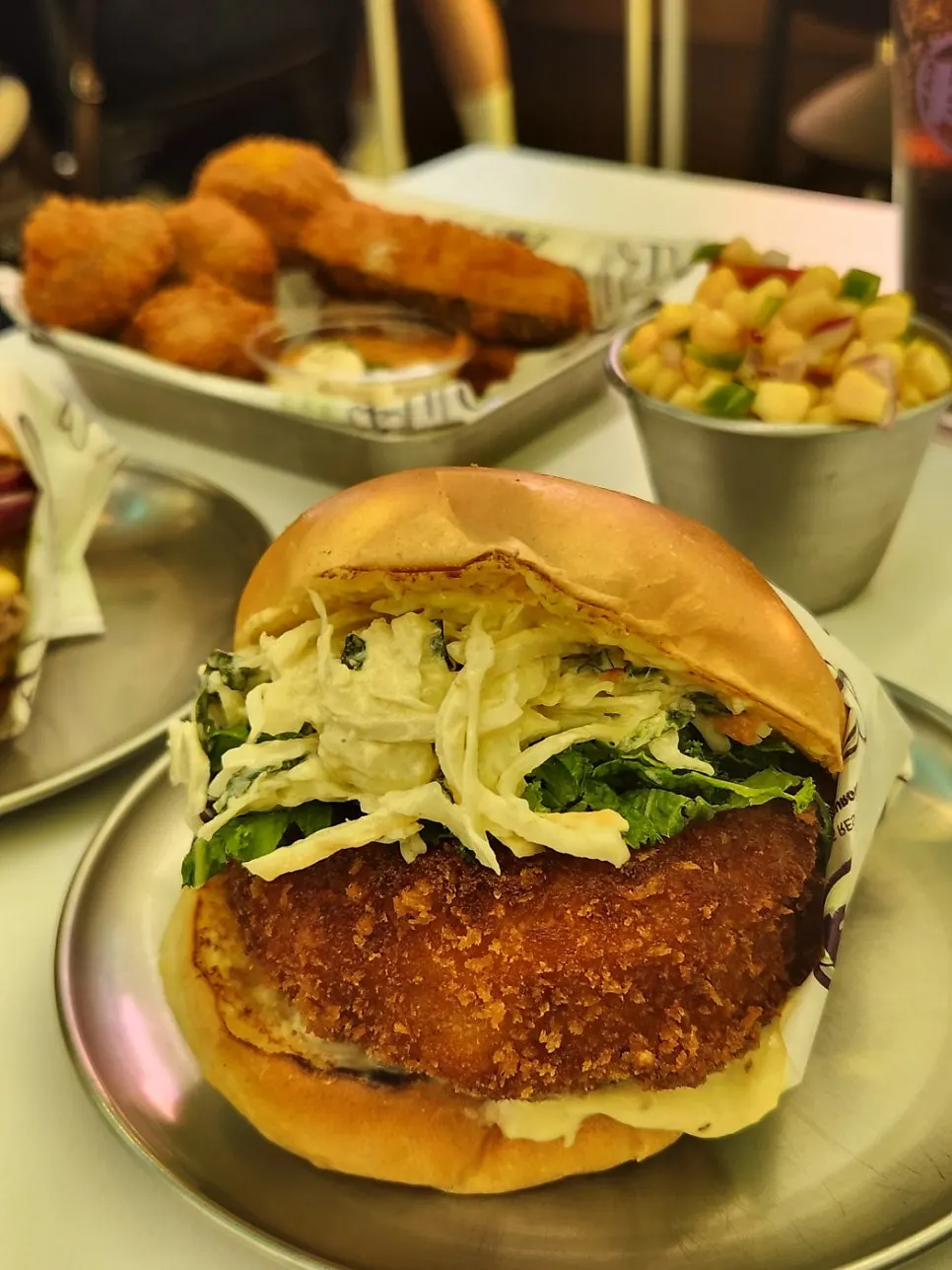 Shrimp patty burger with wasabi sauce