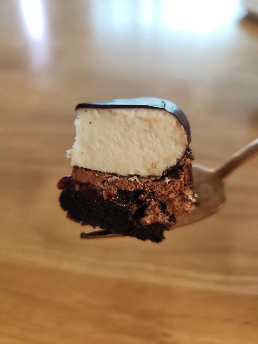 Layers of Foret Noire chocolate cake