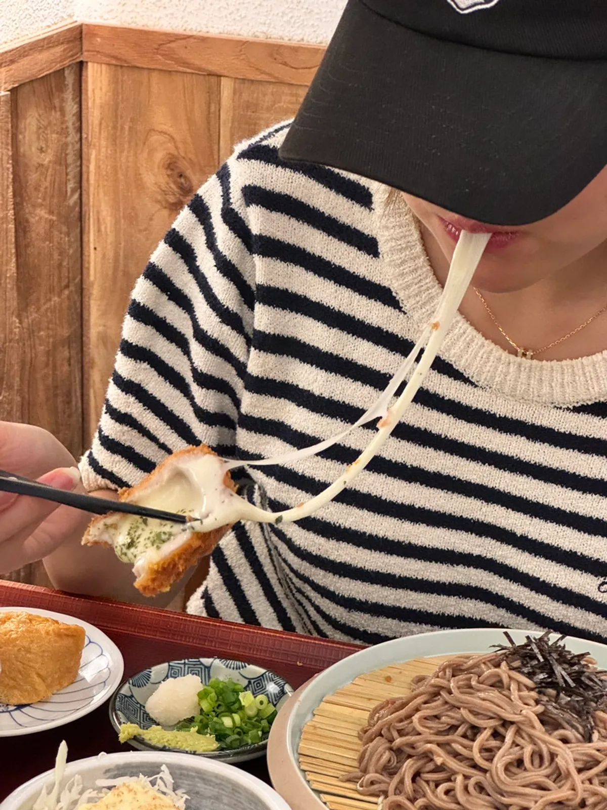 Cross-section of stretchy cheese katsu