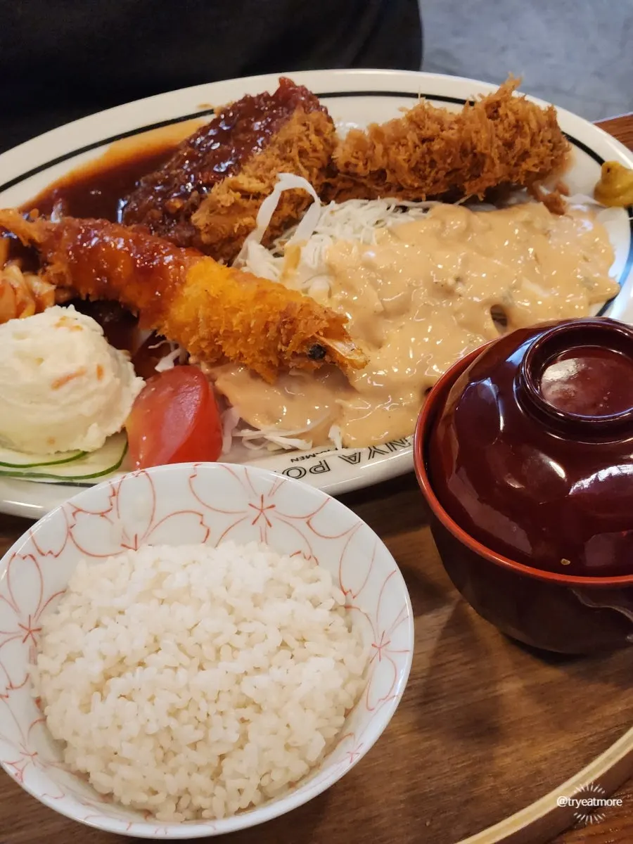 Cheese Korean-beef cutlet tomato ramen and menchi katsu at Menya Pomo Seongsu Branch