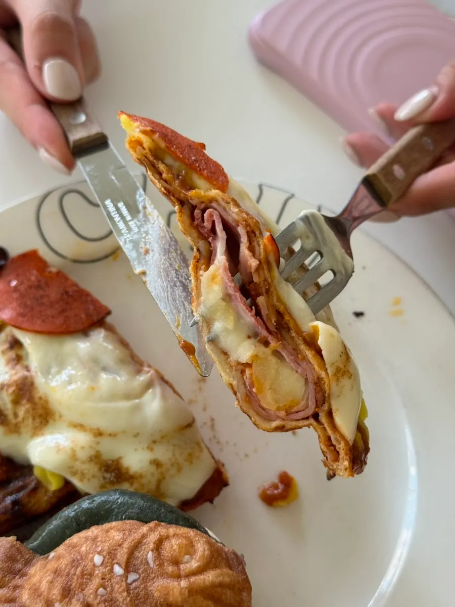 Pizza salted taiyaki filled with sweet potato mousse