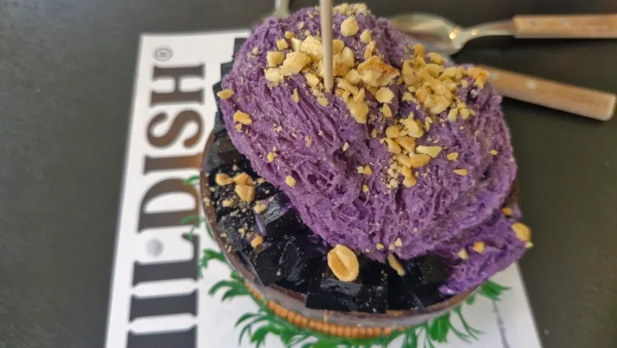 Ube bingsu with peanuts and ube syrup