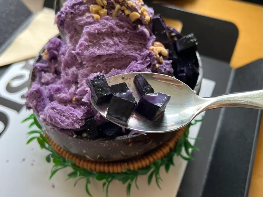 Filipino ube bingsu at Childish drizzled with ube syrup