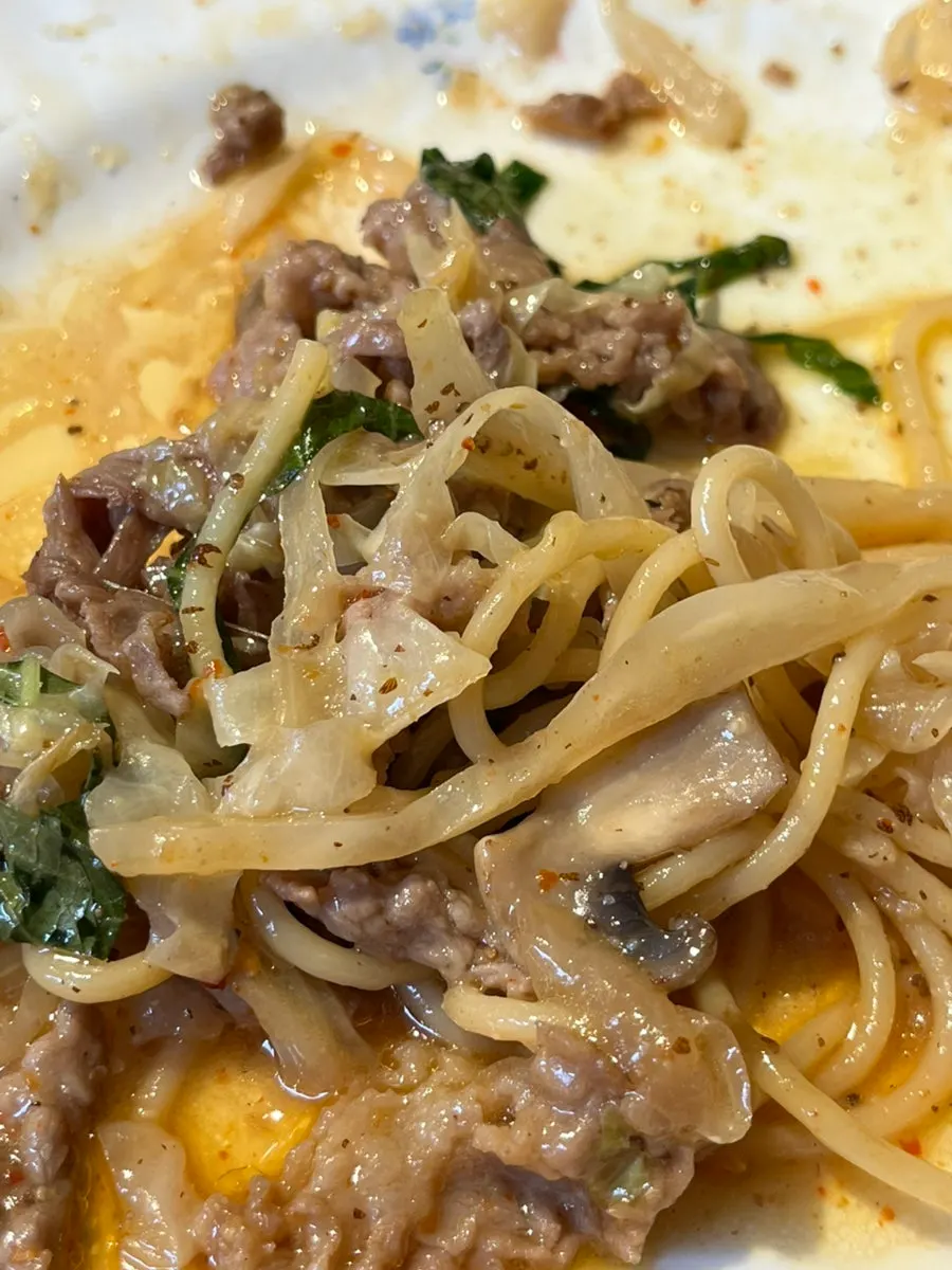 Beef brisket perilla pasta twirled around a fork
