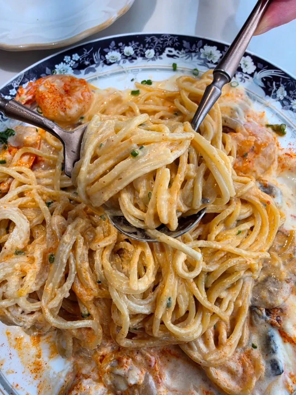 Spicy Cream Pasta mixed with egg yolk and shrimp