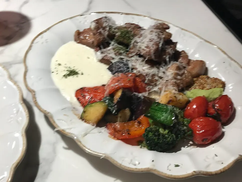 Mashed potato cheese sauce and grilled vegetables