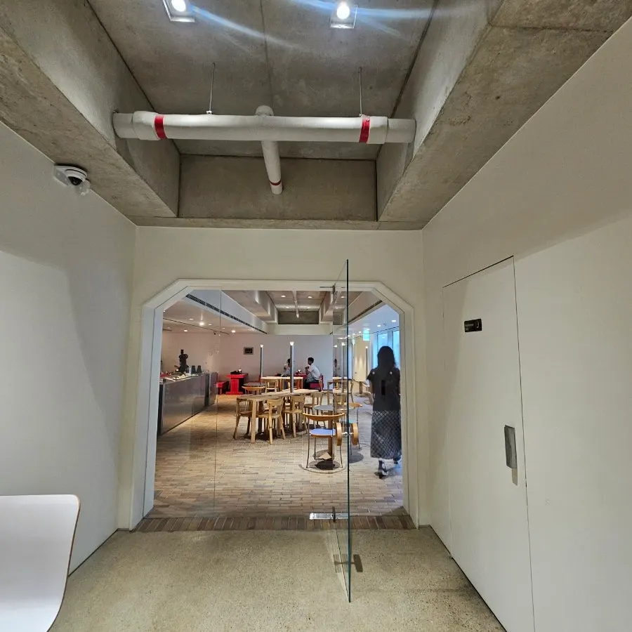 Basement seat with a view of green trees through floor-to-ceiling windows