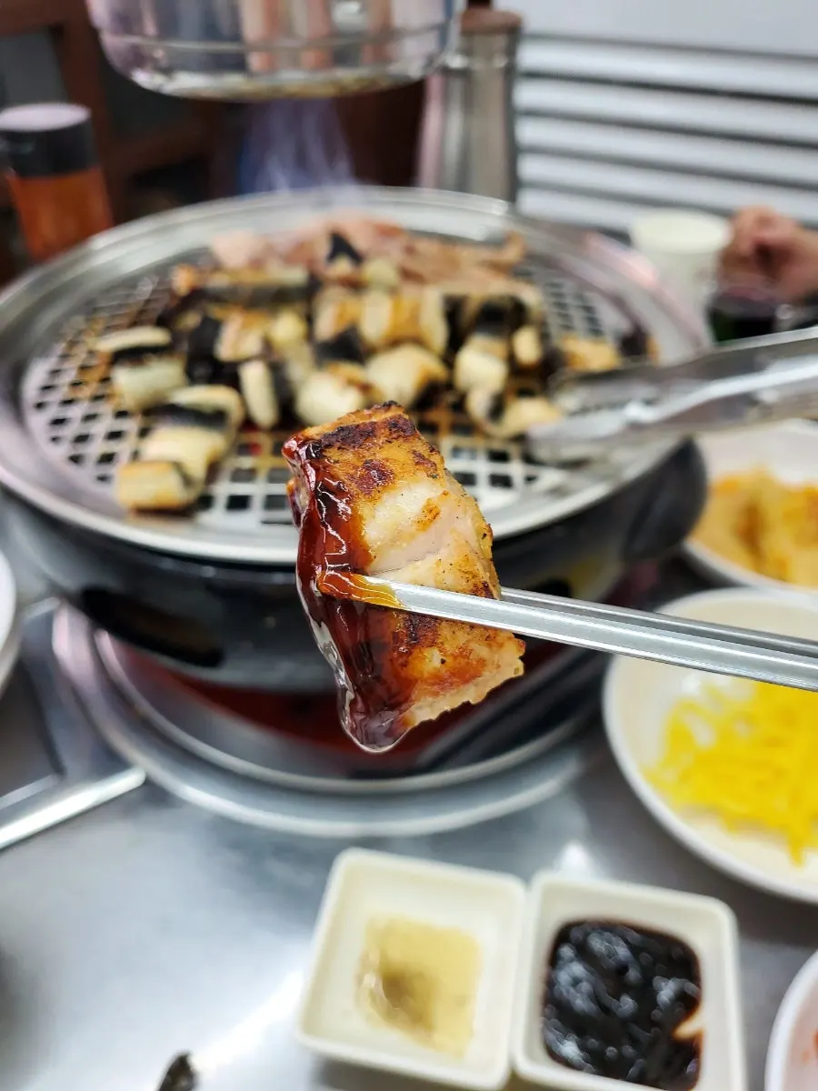 Eel and meat cooking on the charcoal grill