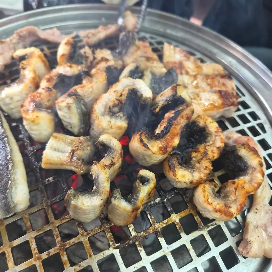 Freshwater eel and pork belly grilling on the barbecue