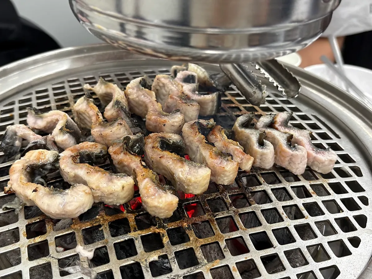 숯불 위에서 구워지는 두툼한 민물장어