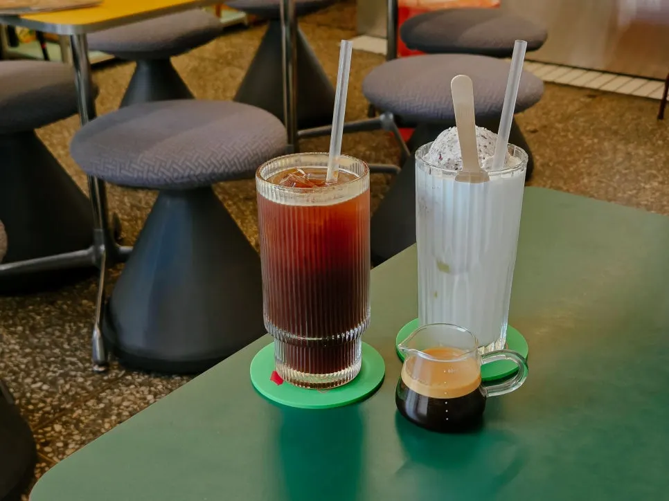 Table setting with drinks and brunch ordered at Frolla