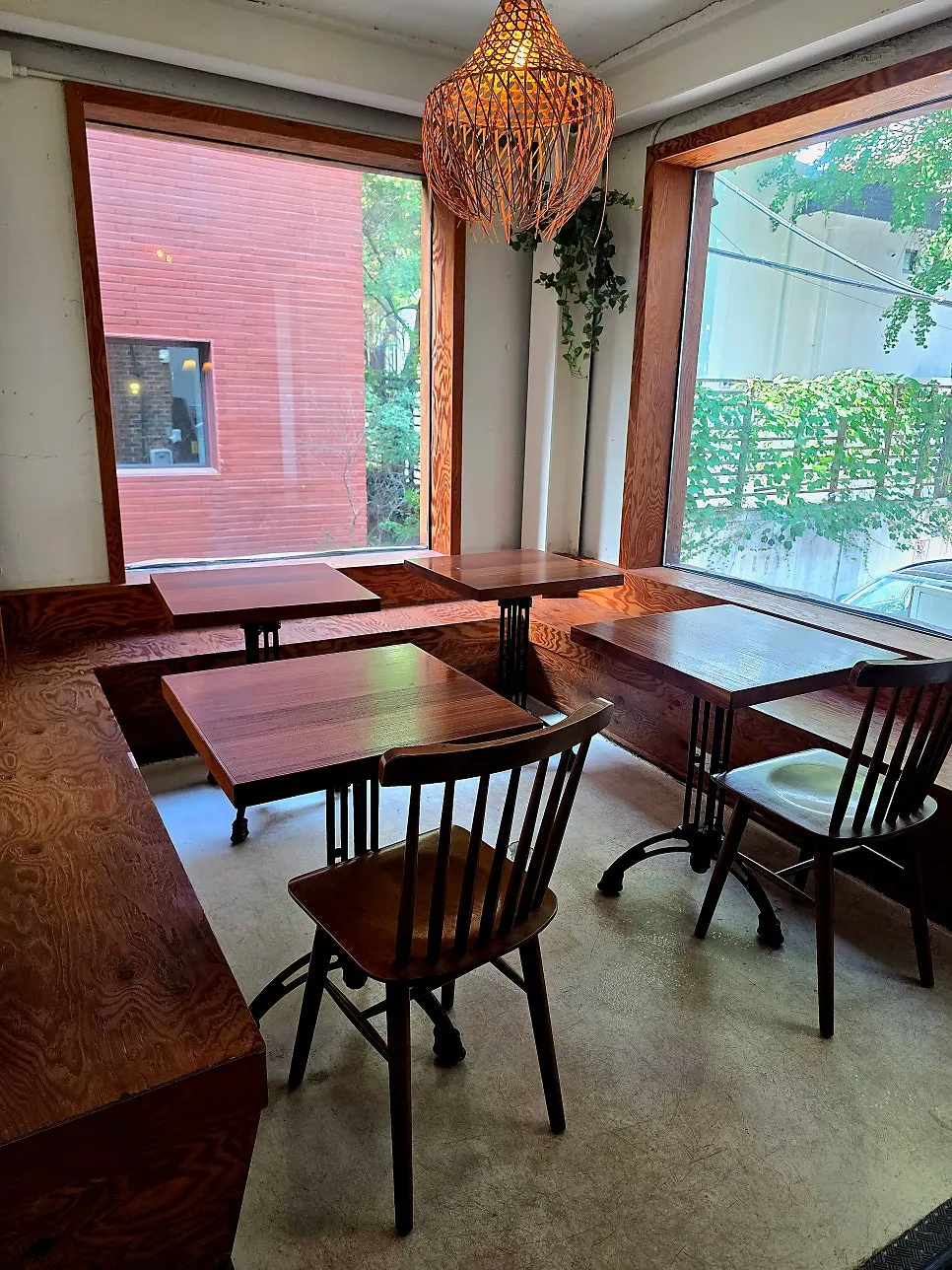 Café interior with wood-toned furniture