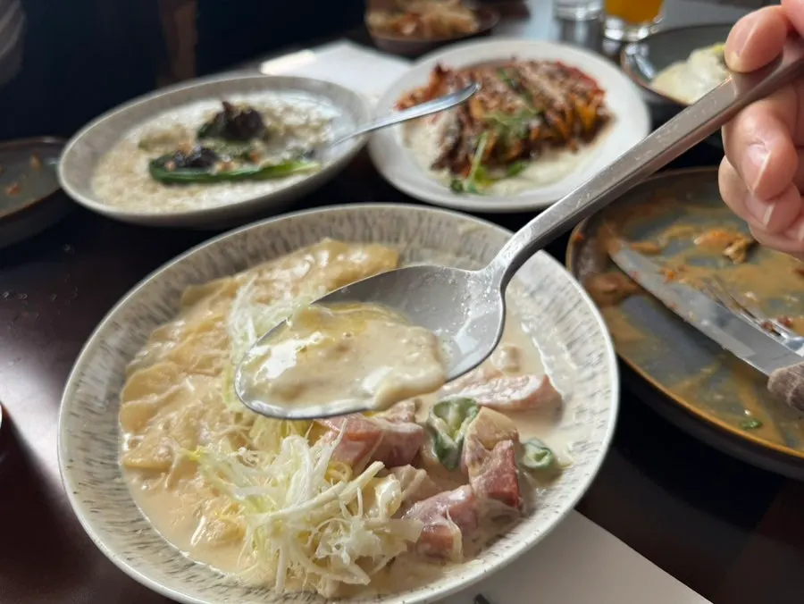 Doenjang carbonara sujebi and risotto