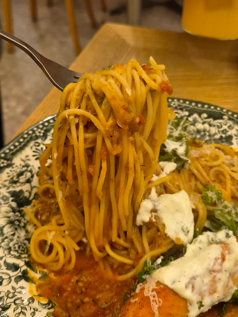 Salmon steak pasta with a generous portion of noodles