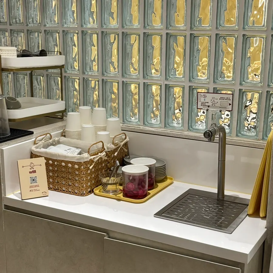 Self-service bar with pickles and water