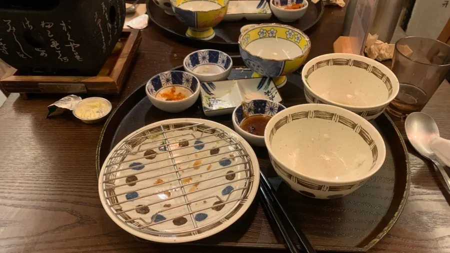 The finished meal at Gyuen Dang, rice and miso soup cleared