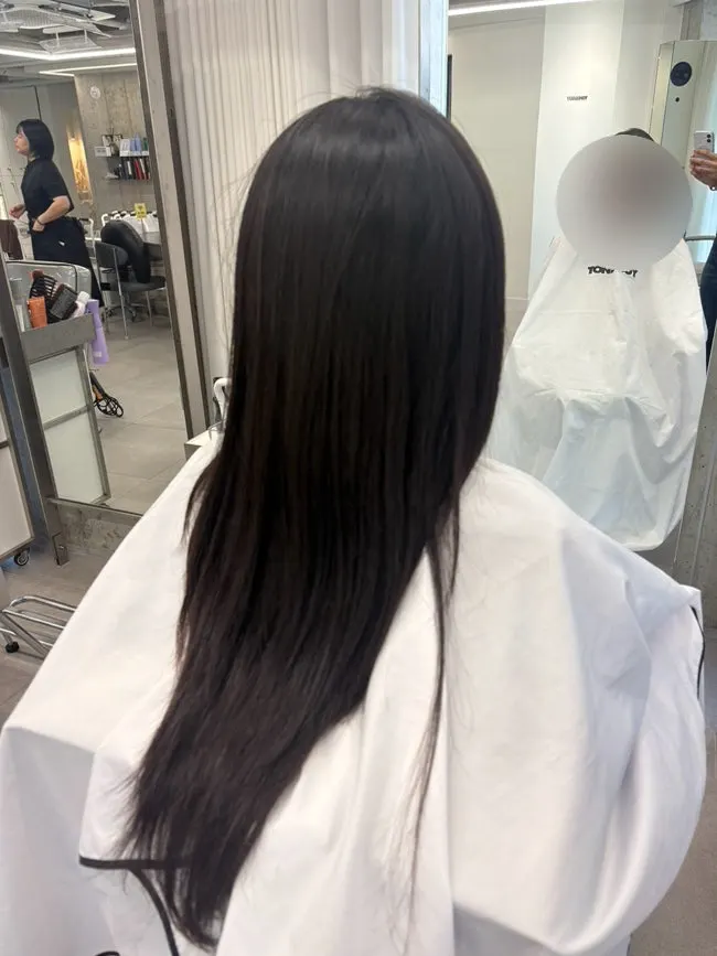 Before photo of drooping long, straight hair before the cut