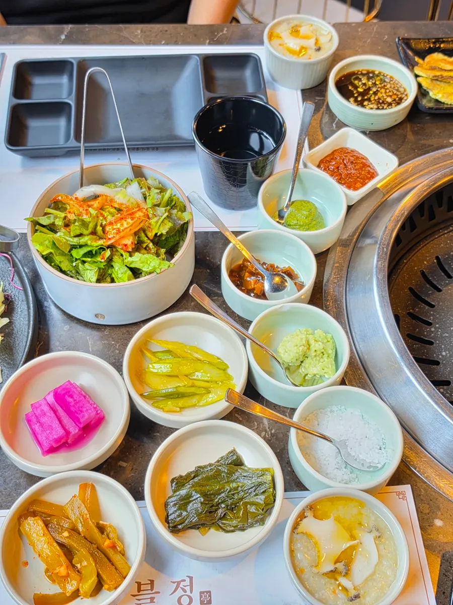 Marblejeong's basic side dishes including Maldon salt and wasabi