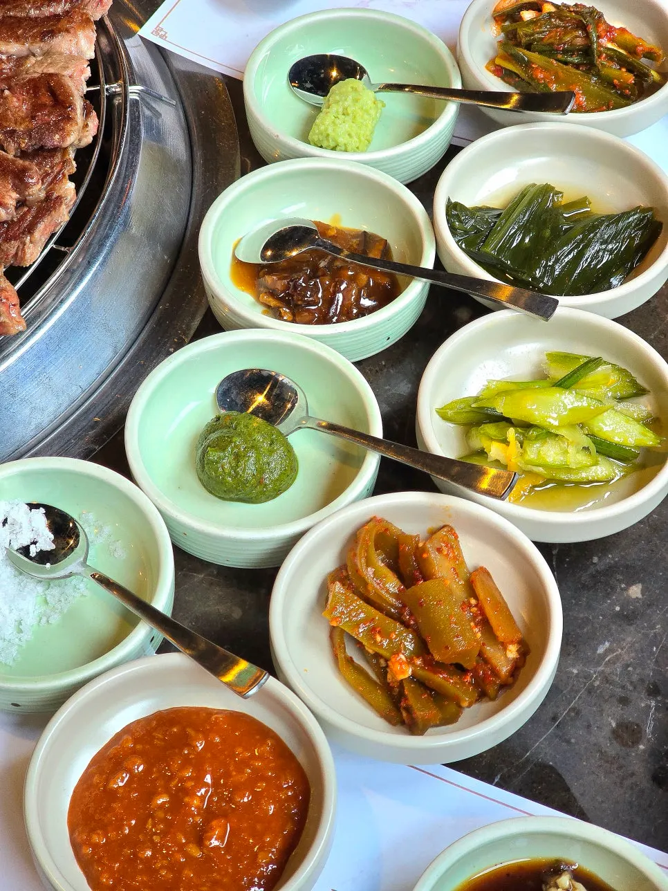 Marblejeong's basic side dishes and pairing sauces spread