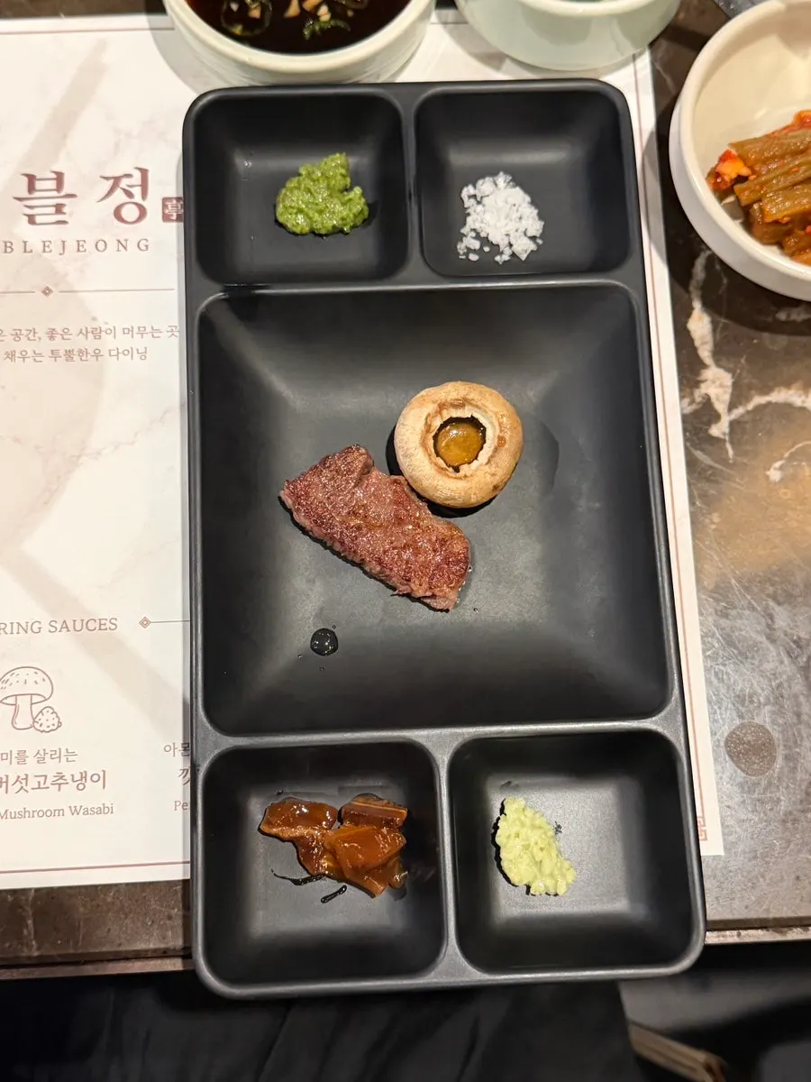 A piece of sirloin served together with mushrooms