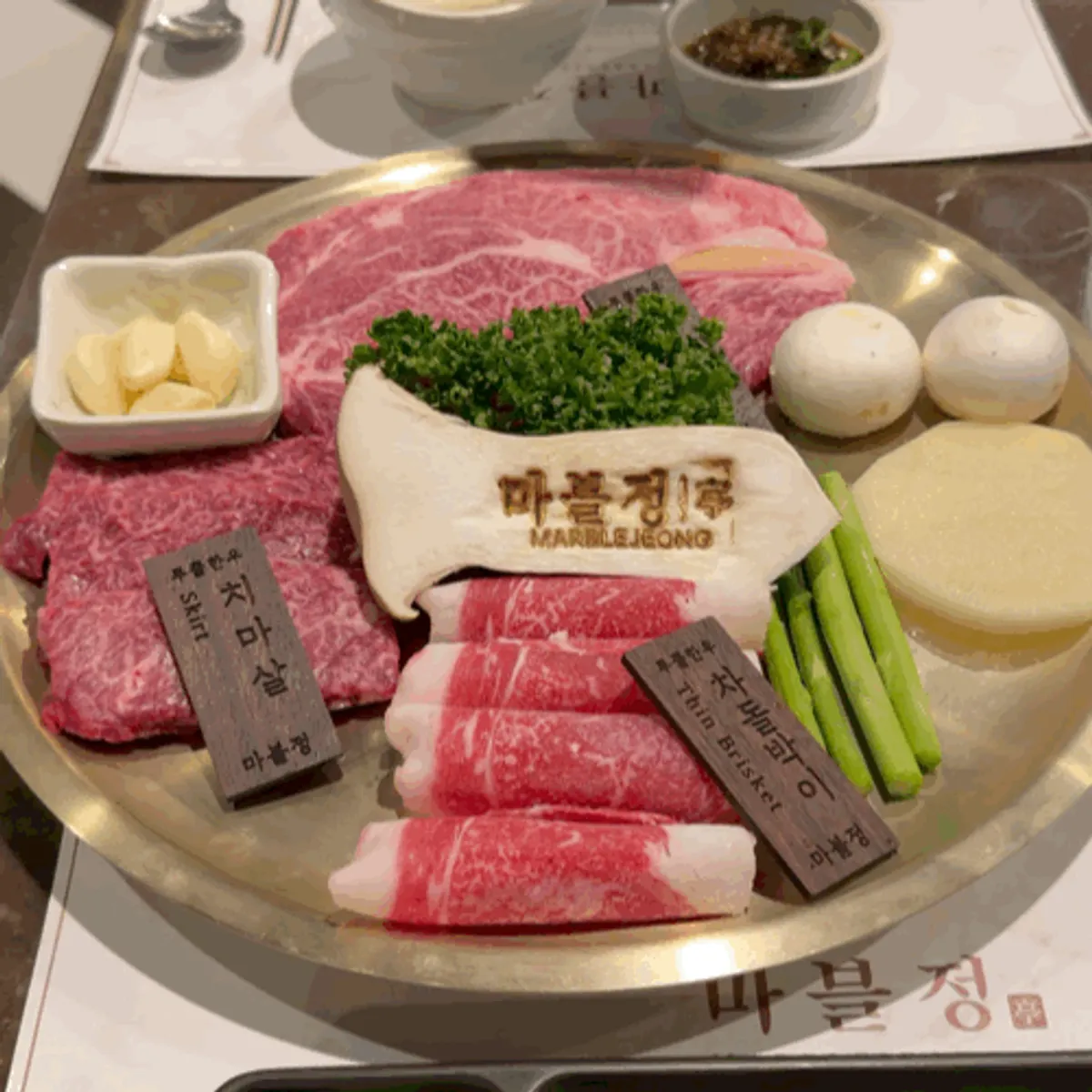 A plate of Marblejeong's 1++ Korean beef mixed grill