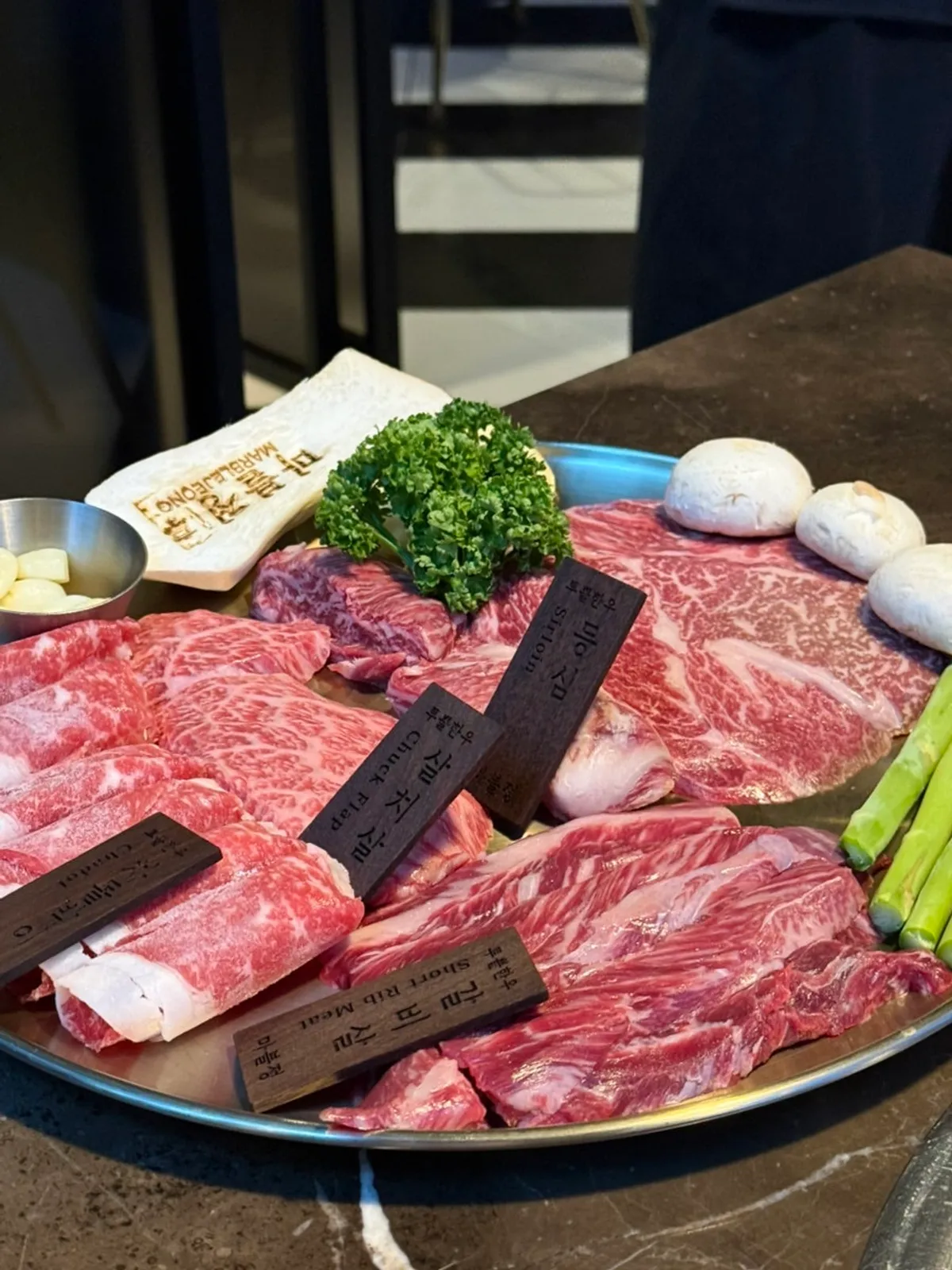 A plate of Marblejeong's grade 1++ Korean beef mixed grill, 600g