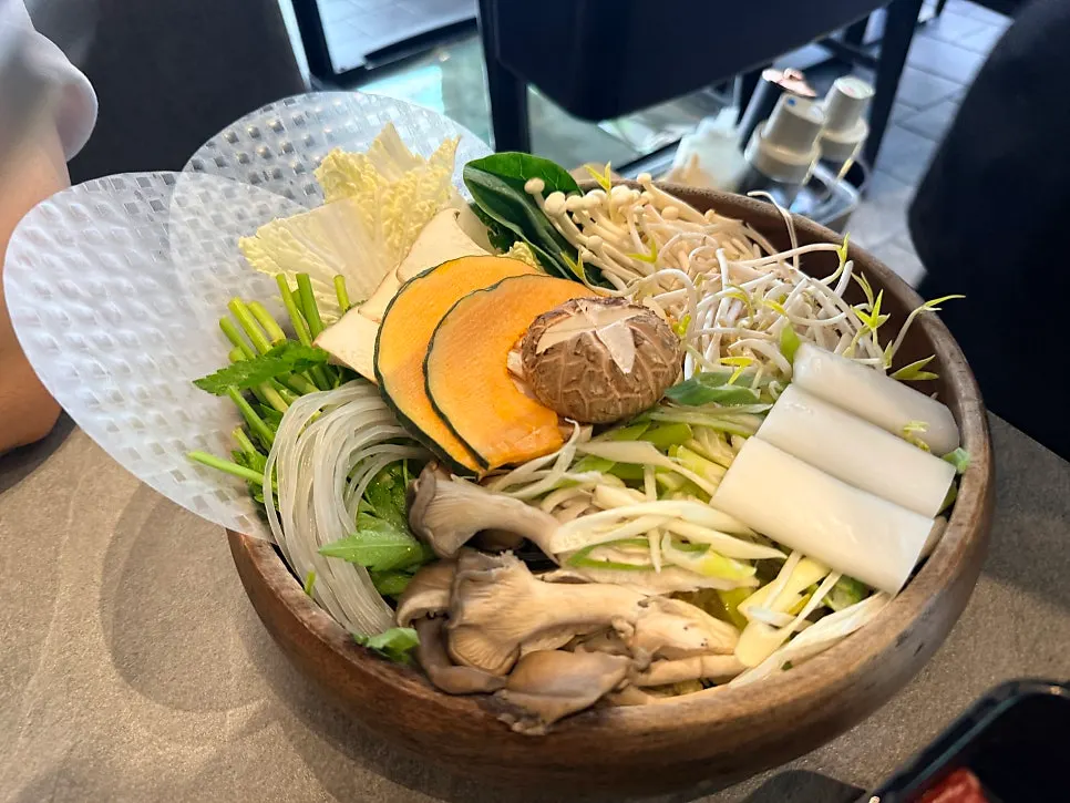 Pot of spicy mushroom shabu broth