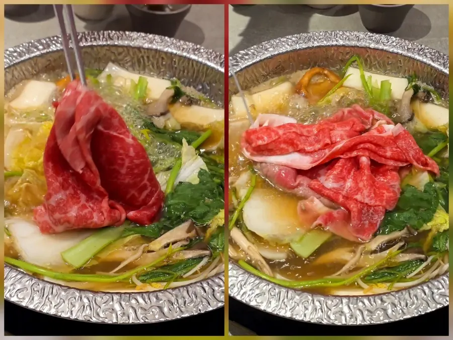 Adding vegetables and beef to shabu-shabu