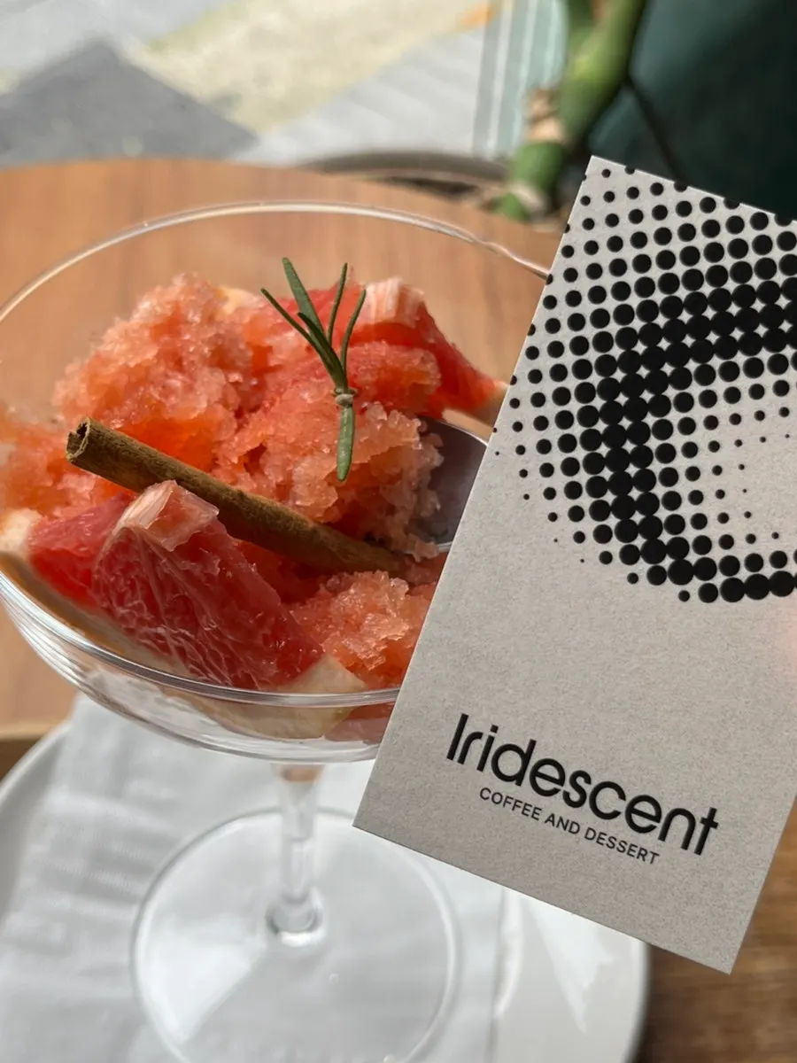 Close-up of the icy, crunchy texture of the grapefruit granita