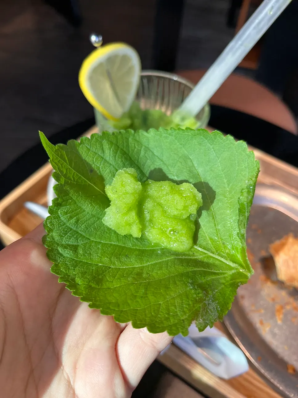 Perilla smoothie wrapped in a perilla leaf
