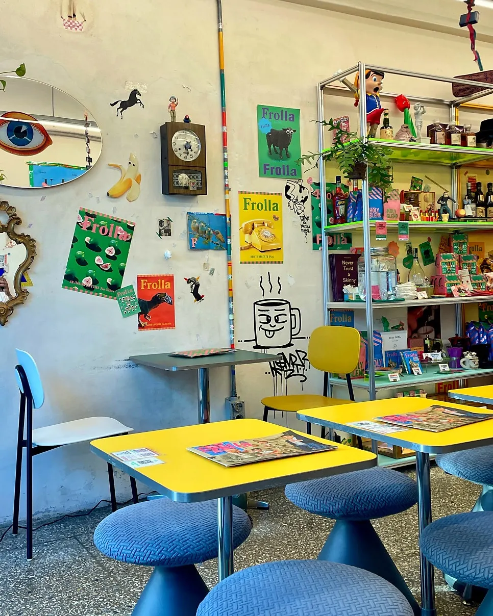 Frolla interior decorated with posters