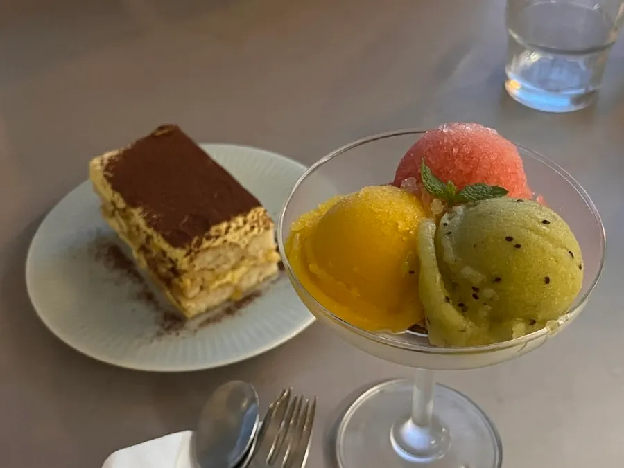 Three-color watermelon, mango, and kiwi sorbet