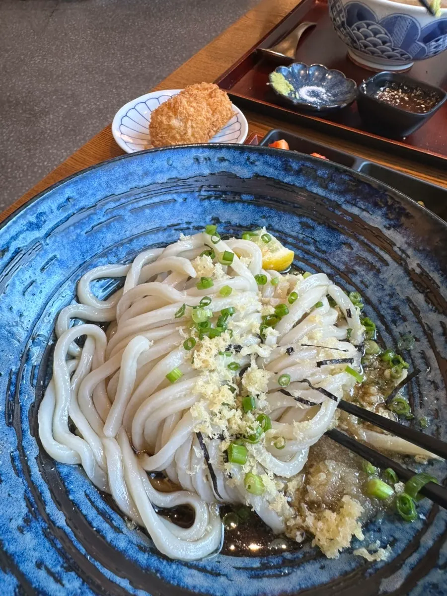 Bukkake udon served with tonkatsu