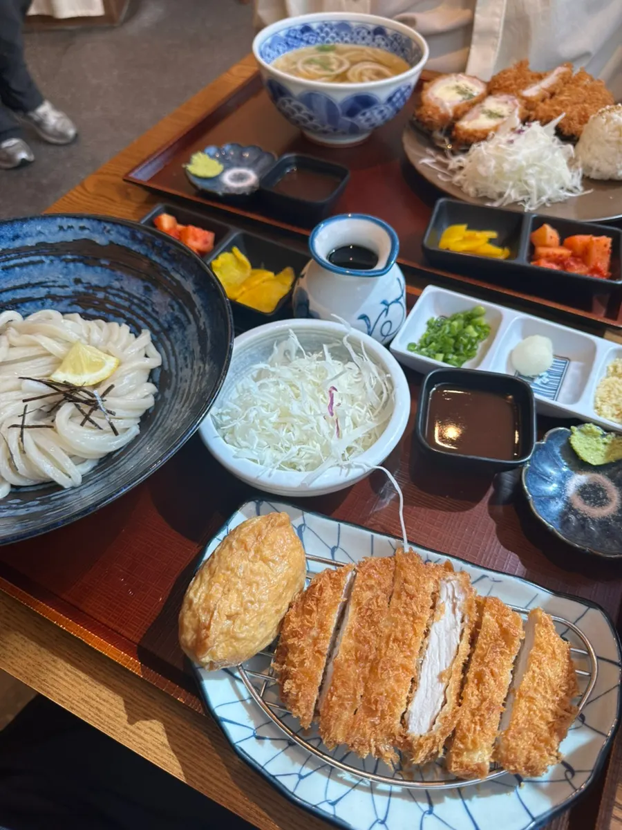 Lunch spread with tonkatsu and udon