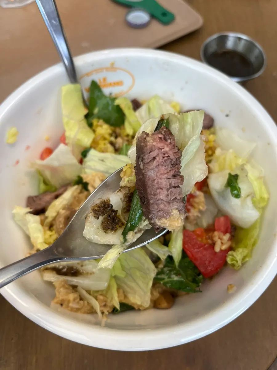 フムスと一緒に食べるステーキボウルの一口