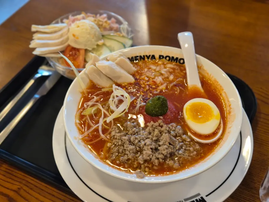 Chicken tomato ramen and Korean beef mince katsu set laid out