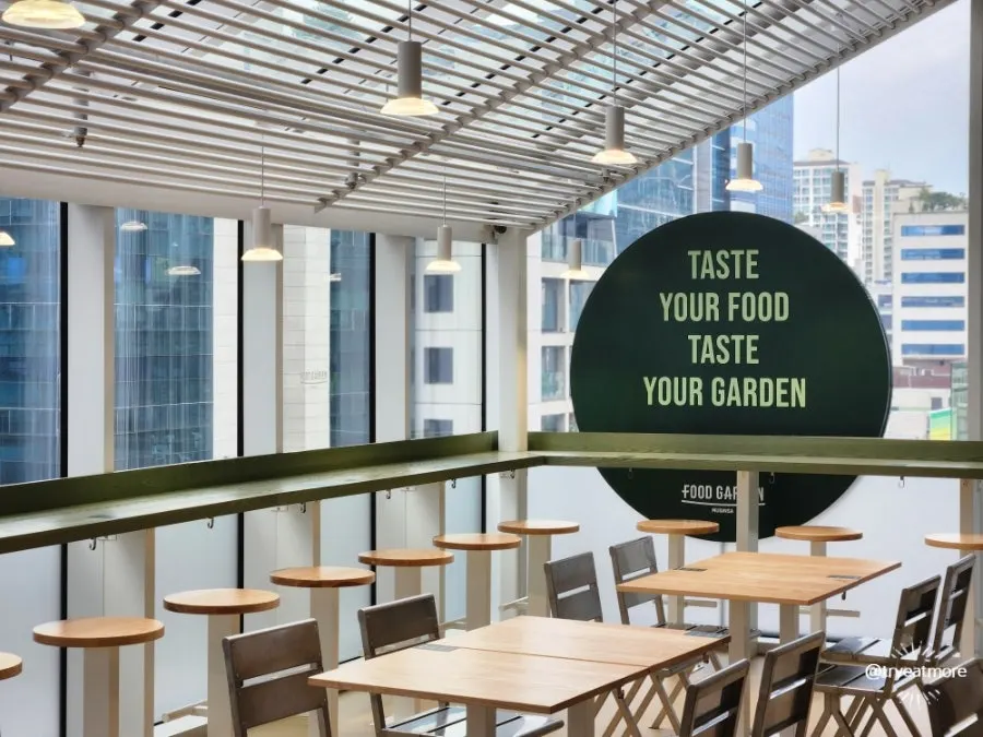 Window seating in the food garden overlooking the Seongsu-dong café street