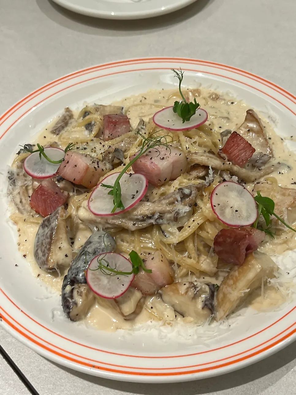 Cream pasta loaded with mushrooms and bacon
