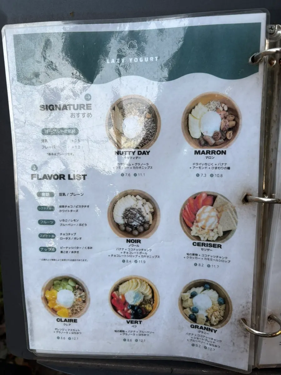 Topping menu information at Lazy Yogurt