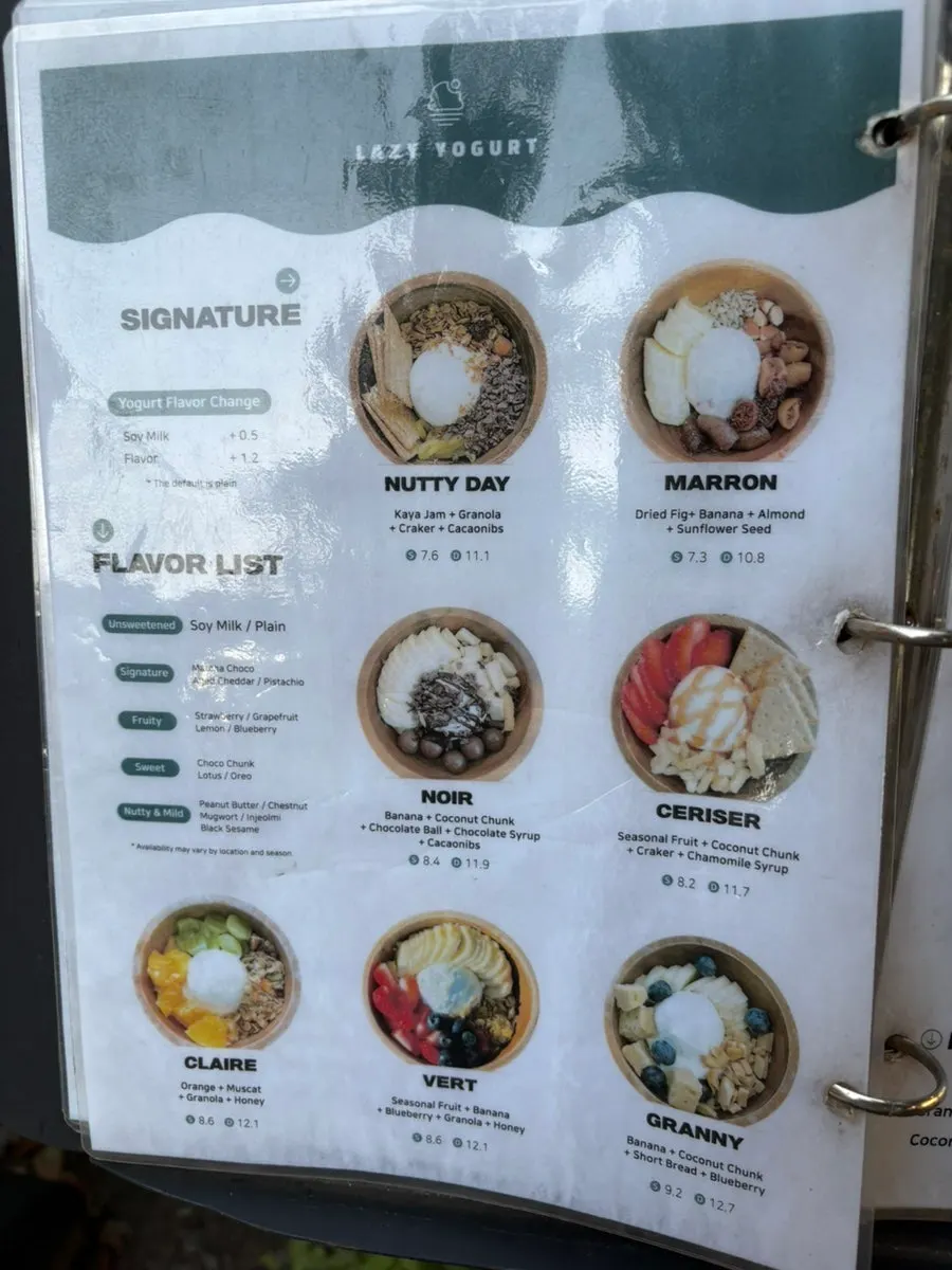 Fresh fruit topping menu at Lazy Yogurt