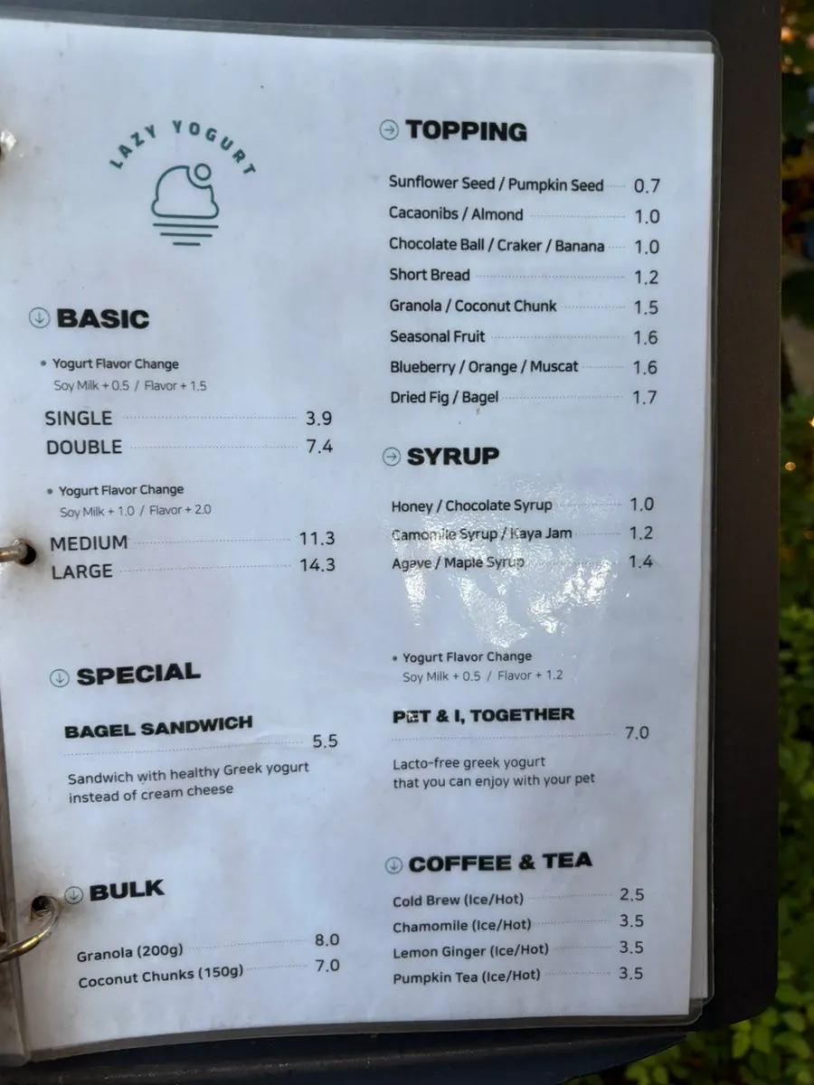 Detailed menu information board at Lazy Yogurt